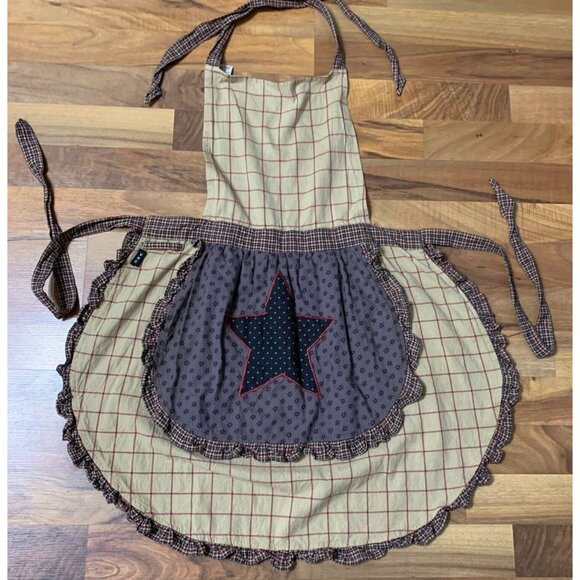 Nancy's Nook Tie Apron Farm House Star Brown Blue Plaid Kitchen India 4th July - Picture 1 of 11